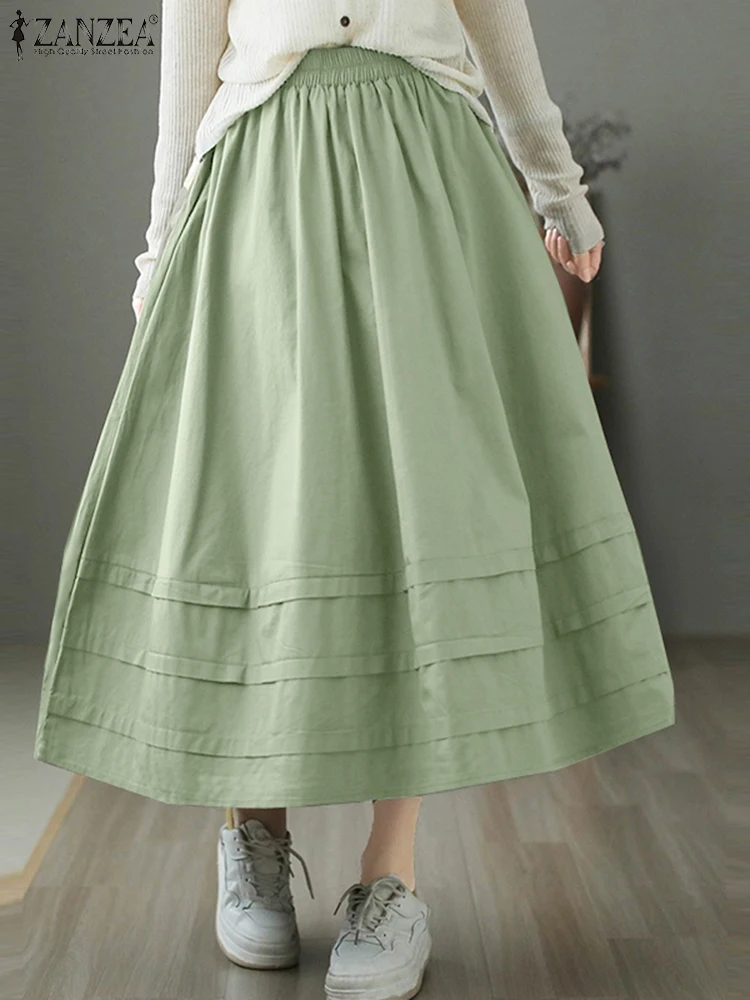 ZANZEA Autumn Casual Elastic Waist Baggy Faldas Saia Jupe Women A-line Loose Skirts Elegant Pleated Work Dress Streetwear Robe