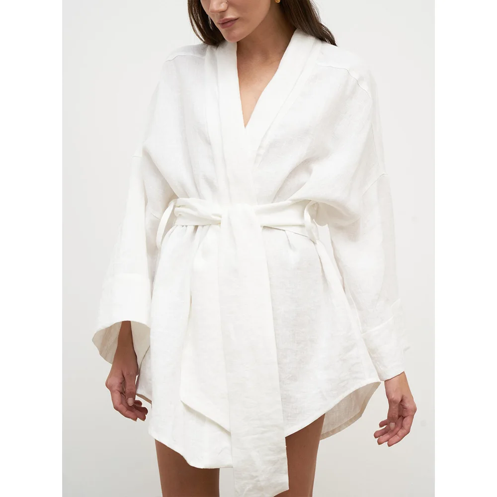 NHKDSASA 2023 Kimono Robe Dress Woman Linen Cotton Loose Wrape Summer Robe Dress with Sashes Casual Long Sleeves Lady Sleepwear