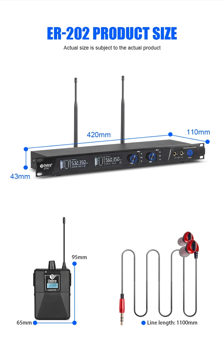 ER-202 전문 12 채널 무선 인이어 이어폰 시스템, BT5.0 XLR 무대 노래 스튜디오 LED 금속 통신