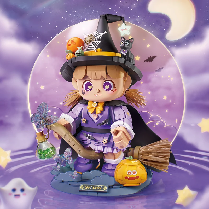 

Little Witch Building Blocks 1512pcs Mini Bricks Lighting Magic Halloween Pumpkin Cat Flying Broom Kids Girl Toy Gift MOC Set