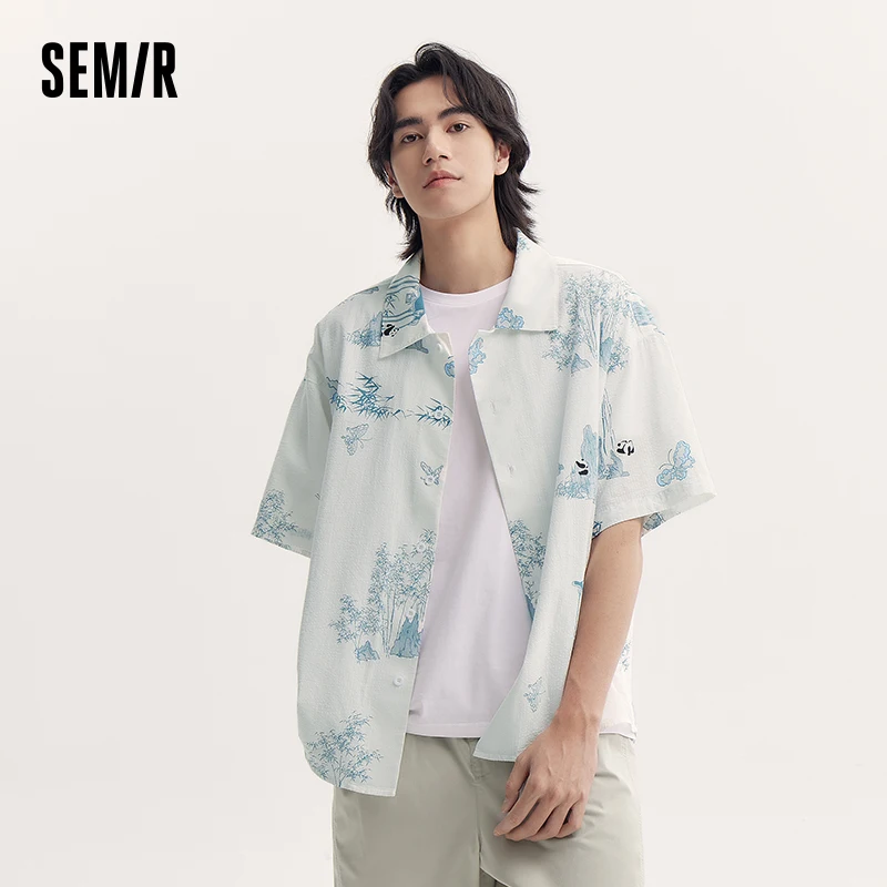 Semir Short-Sleeved Shirt For Men 2024 Summer New Loose Pure Cotton Top Trendy National Style Print