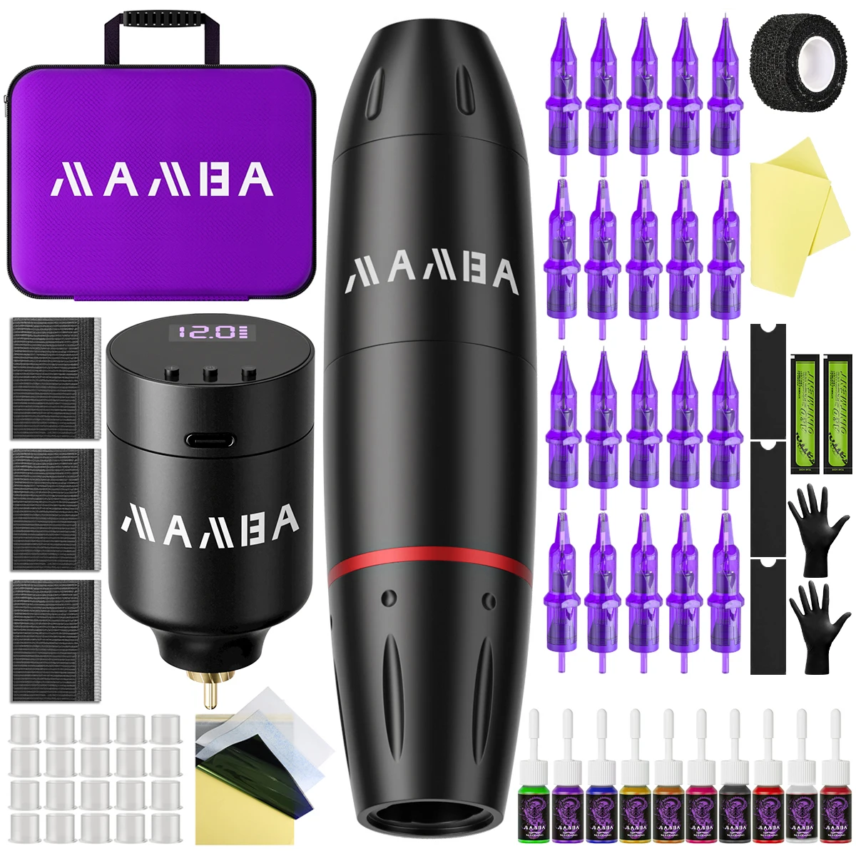 Purple /Black Wireless Tattoo Kit Complete Professional Rotary Tattoo Machine1350mAH Battery Needle Power Supply Tattoo Pen Set