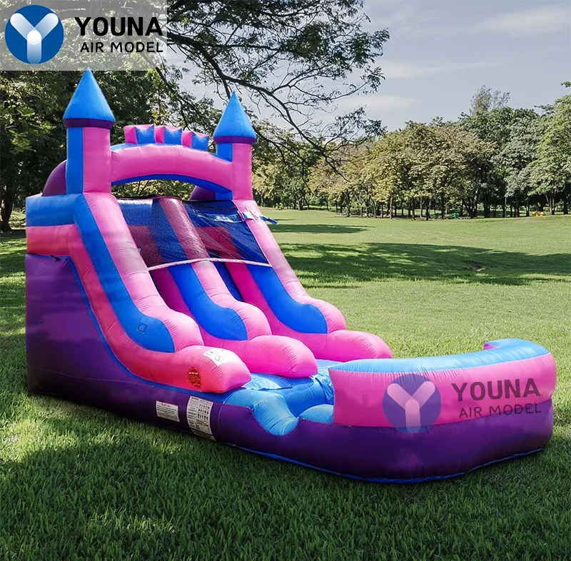 Inflatable Castle Water Slide, Single Lane Vinyl Bouncy Wet and Dry Slide, Pink and Blue