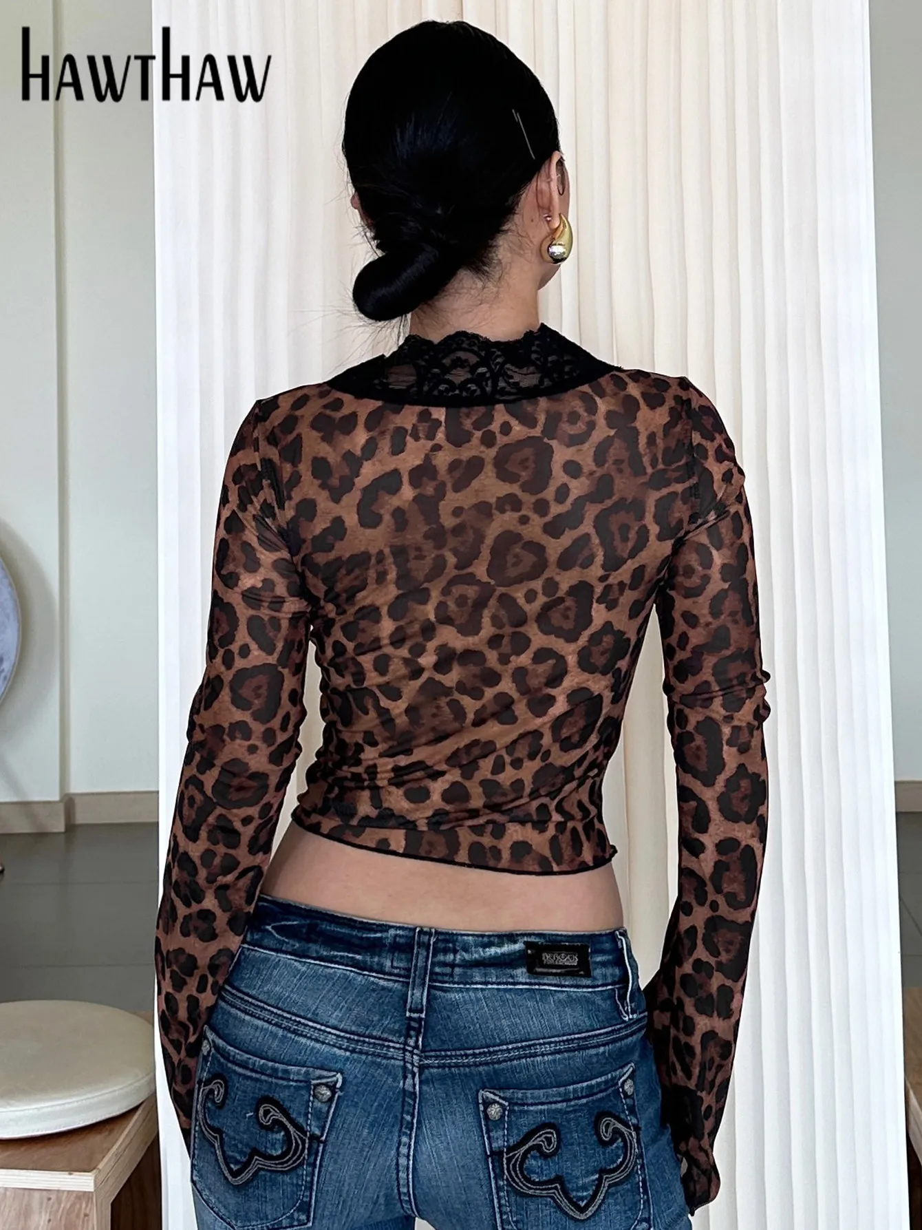 Hawthaw 여성 2025 봄 여름 긴 소매 파티 클럽 streetwear 레오파드 크롭 탑 t 셔츠 비즈니스를위한 도매 품목