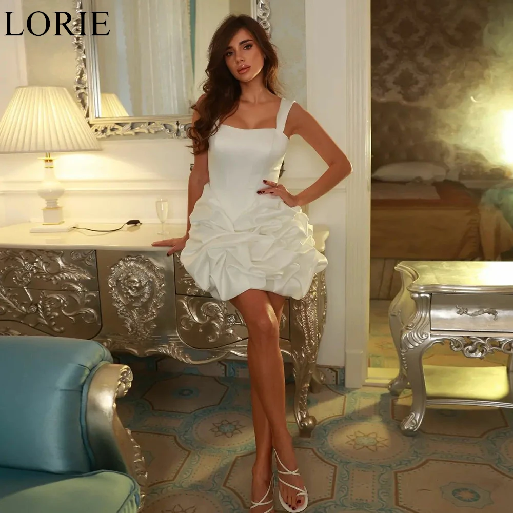 

LORIE Sexy Short Wedding Dresses Square Neck Lace-up Draped Ruffles Mini Dress Satin Bride Prom Gown Sleeveless 2024 Bridal Gown