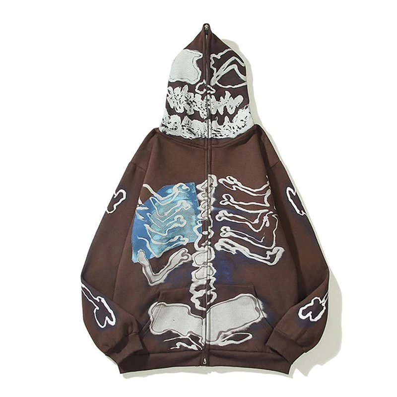 

2024 New Fashion Skull Print Men's Zipper Hoodie Women's Retro Extra Large Street Clothing Harajuku Leisure Sports Shirt Sudader
