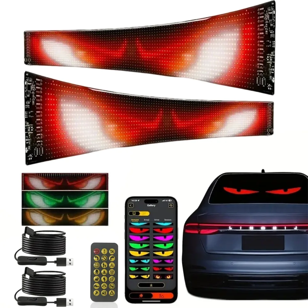 Luz de ojos de diablo de 23,23x4,72 pulgadas, Control por aplicación remota, señal LED programable, texto animado DIY, IP65, impermeable para parabrisas de coche, 2 uds.
