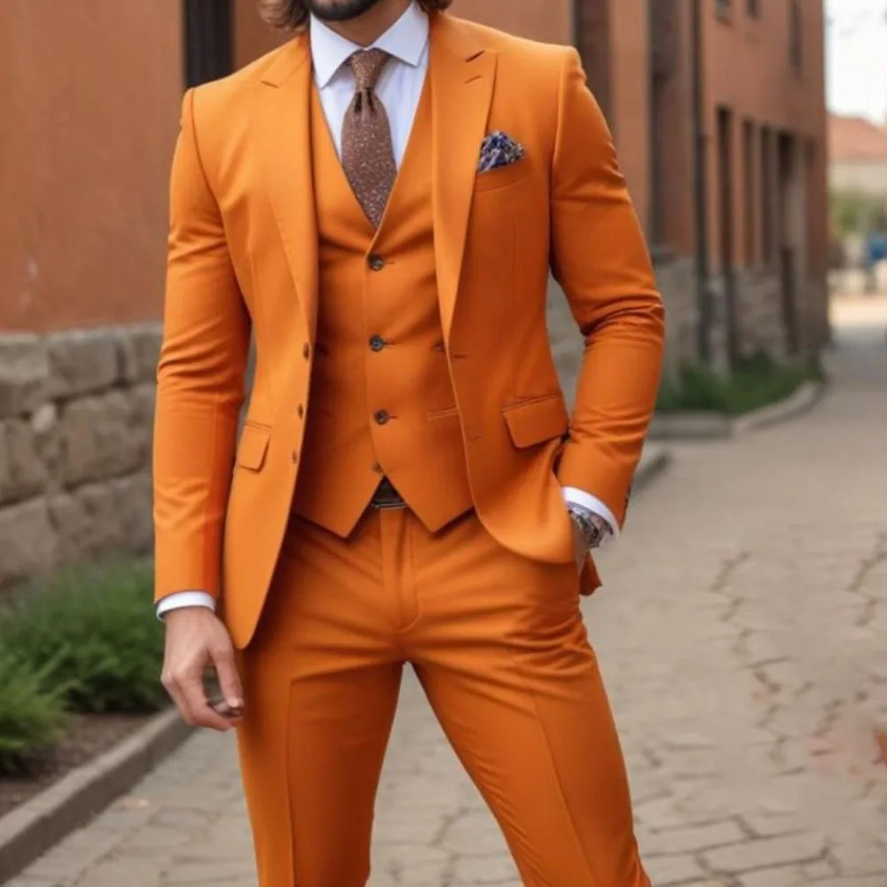 Fashion Orange Men Suits 3 Piece Jacket Pants Vest Male Clothing Elegant Single Breasted Peak Lapel Blazer Costume Homme