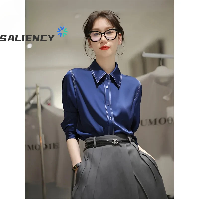 

Women's Shirt Polo Collar Office Lady Blouse Vintage Blue Shirt Loose Shirts Autumn Long Sleeve Fashion Tops