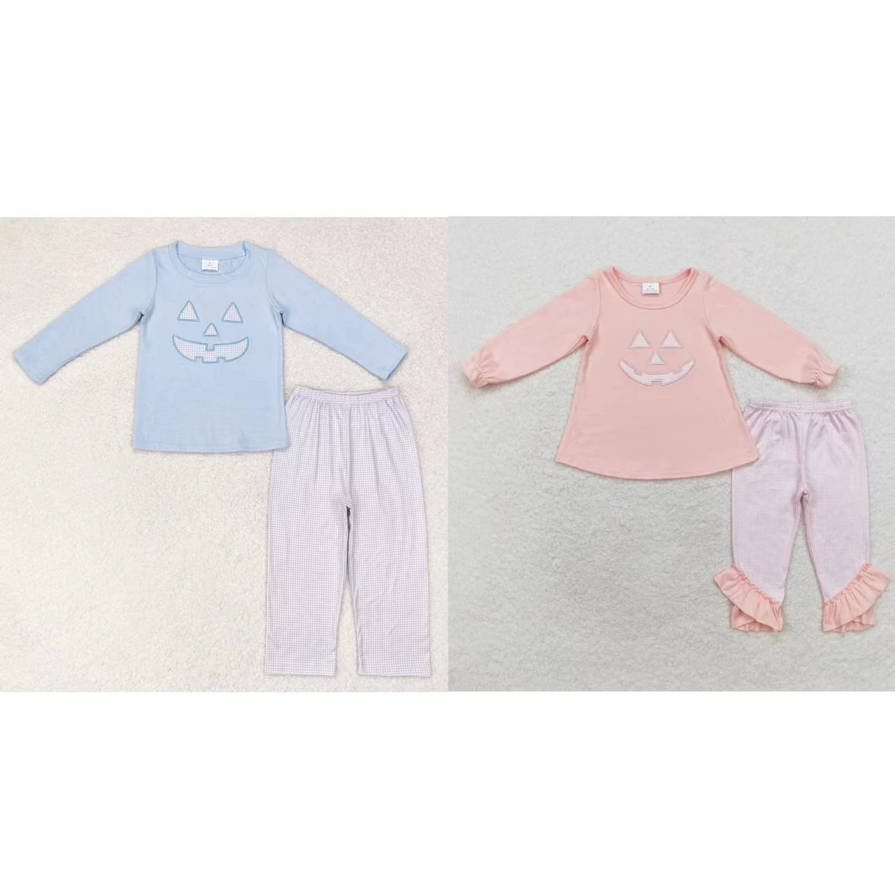 

Wholesale Children Halloween Embroidery Nightwear Boy Girl Long Sleeves Cotton Shirt Set Plaid Pants Kids Outfit Toddler Pajamas