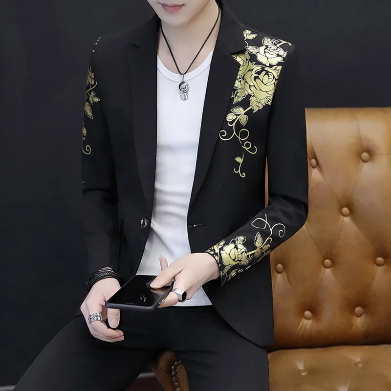 Korean Style Gilded Flower Men Blazers Slim Fit Casual Business Suit Jackets Street Wear Social Wedding Groom Dress Coat