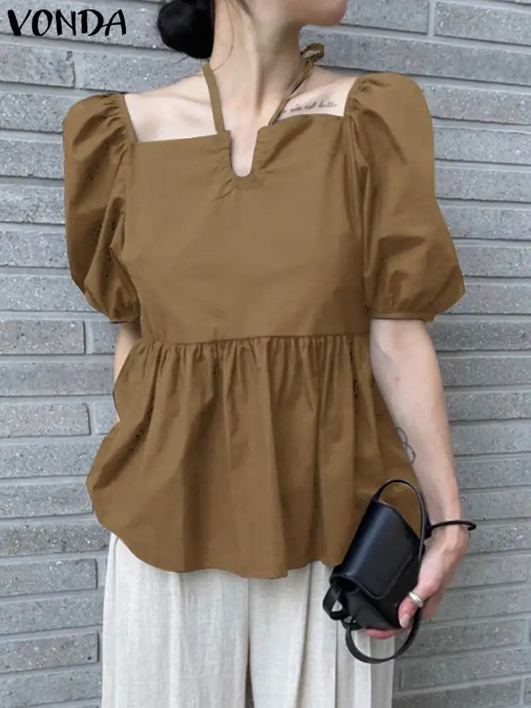 

Women Shirts Sexy Tops 2023 VONDA Fashion Square Collar Halter Blouses Summer Short Sleeve Solid Color Shirts Casual Loose Blusa