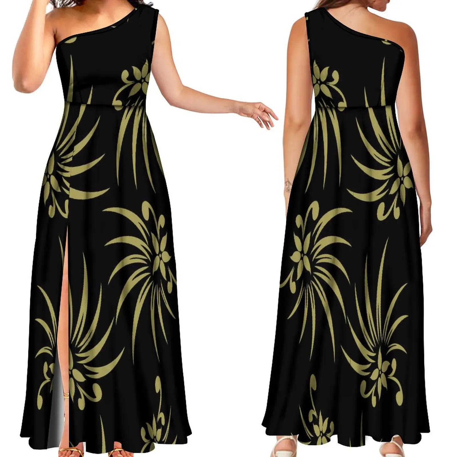 

New Design Elegant Large Skirt Swing Slit Maxi Dress 2024 Summer Pacific Island Art Style Maxi Polynesian Print Women's Dress