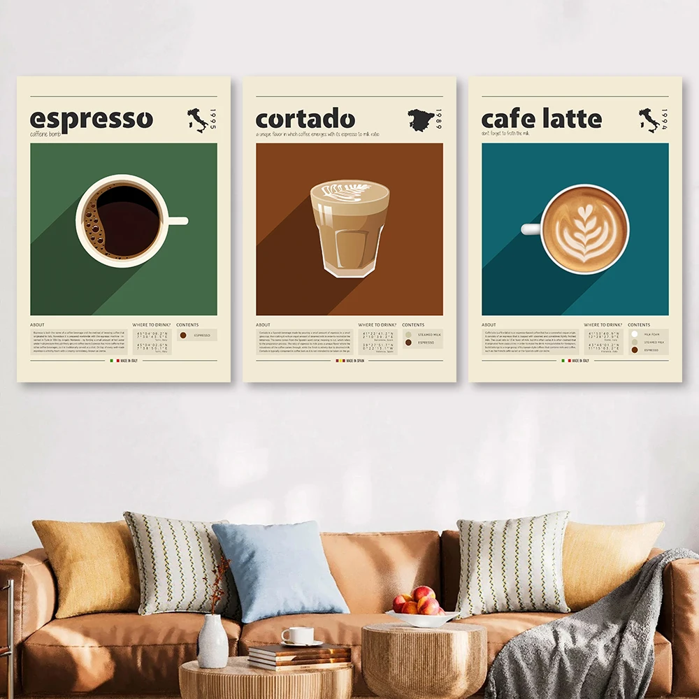 Pósteres de café vintage, impresiones artísticas de pared de carteles de café nostálgico americano, café retro con leche, espresso, decoración de pared Cortado sin marco