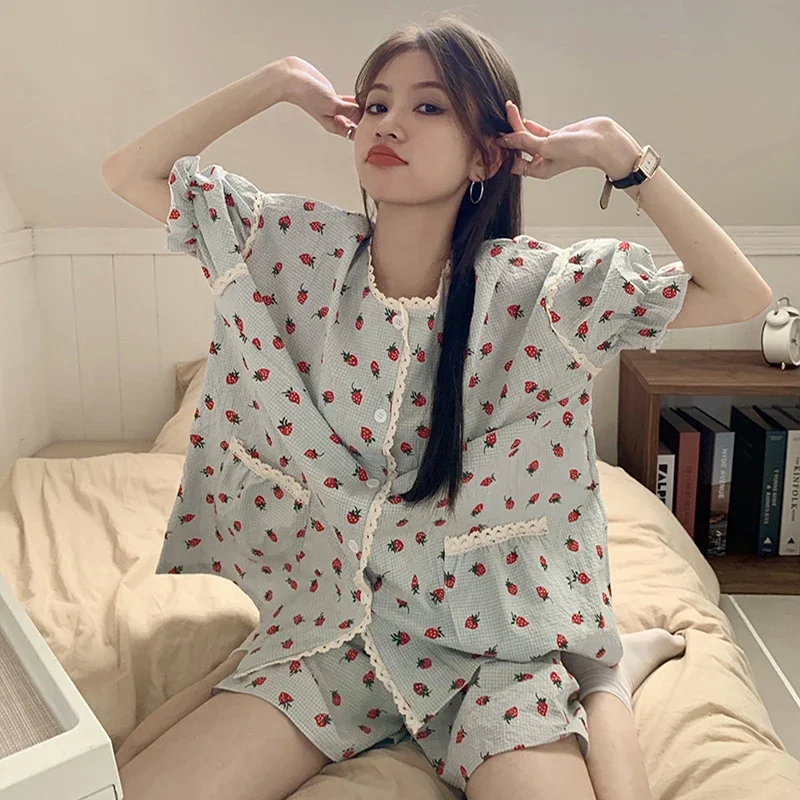 Summer Pajamas Set Short Sleeve Women's Pajamas Sleepwear Home wear Girls Flower Print Sleepwear korean Style One Piece Pajamas