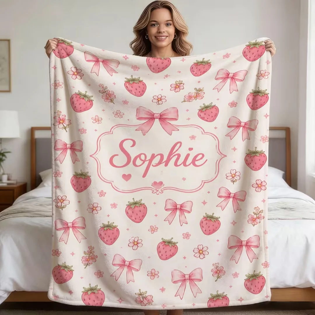 Custom Name Pink Strawberry Floral Flannel Blanket All Season Sofa Bed Throw Unisex Cozy Blanket Birthday Halloween Personalized