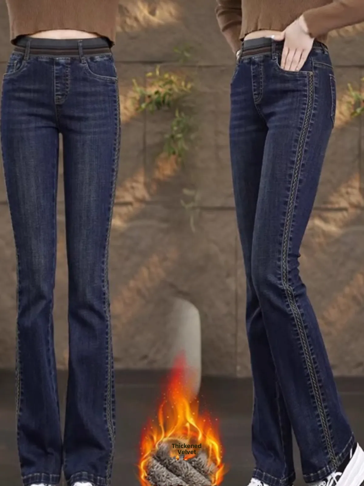 

Faionable Fce Lined Thiened Micro расклешенные джинсы женские зимние новые утягивающие эластичные брюки с высокой талией