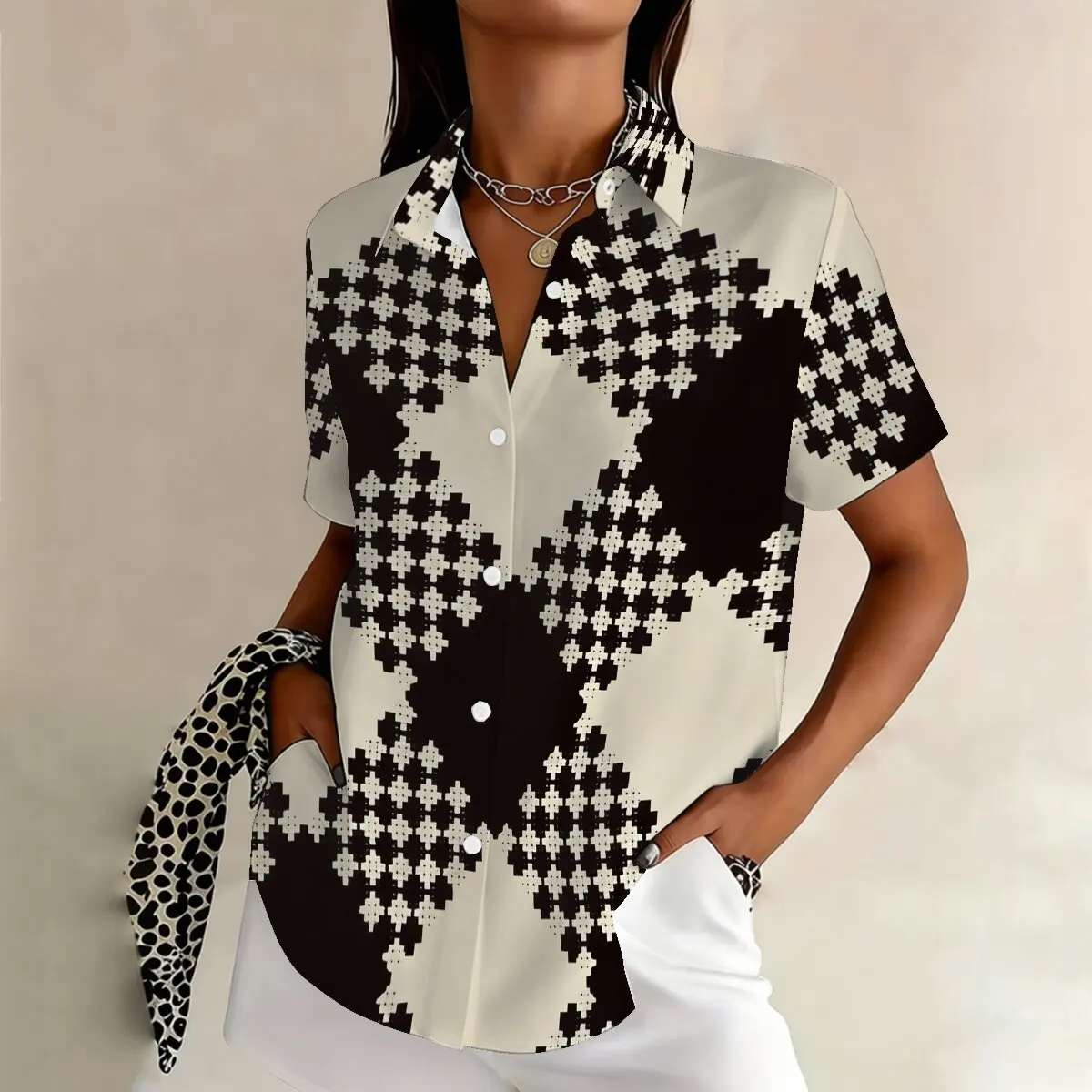 

Summer women's plus-size short-sleeve shirt,vintage argyle pattern with classic high-end feel,suitable for workplace,casual wear
