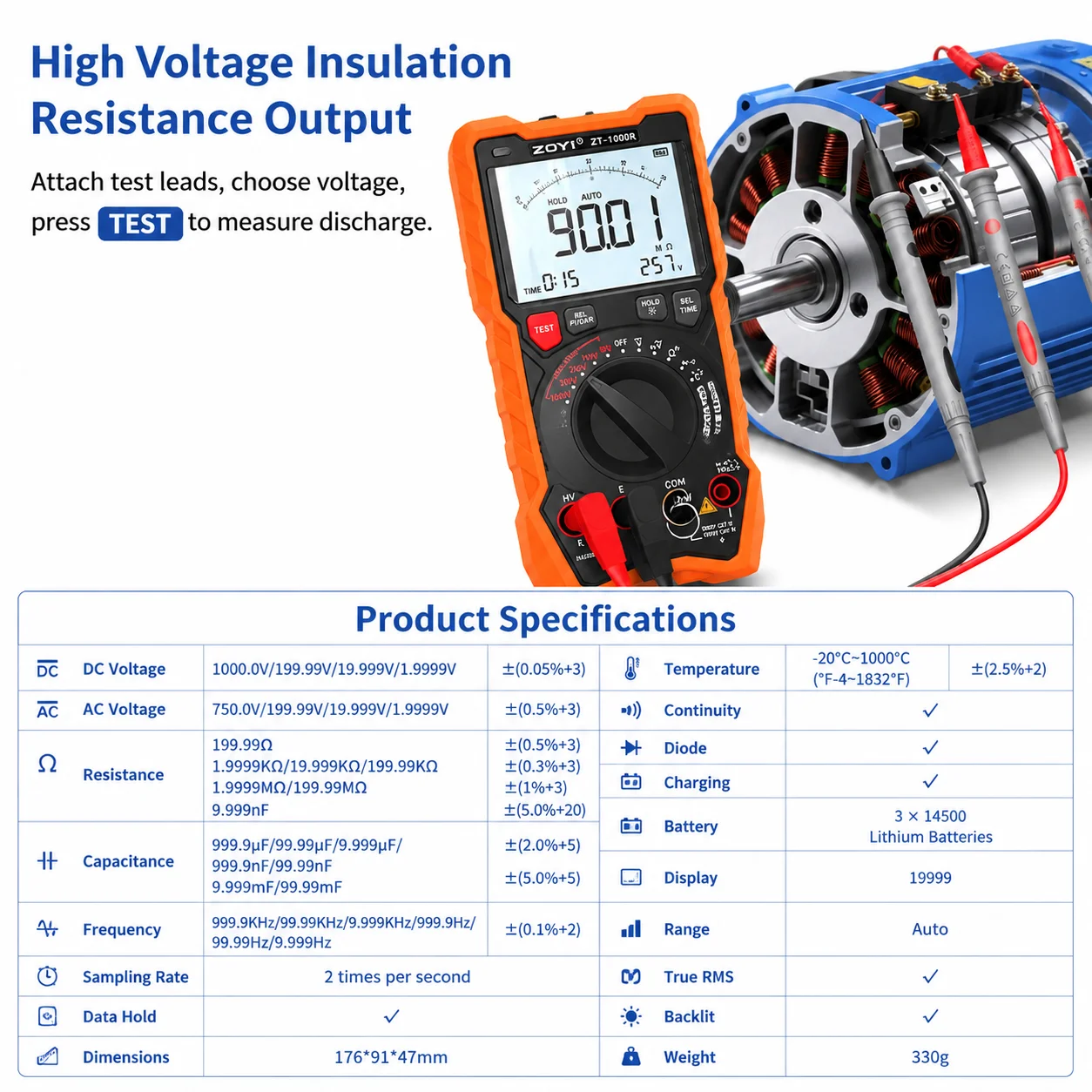 ZOYI ZT-1000R 2-in-1 Insulation Tester 1000V Megohmmeter Multimeter for Cable Motor Winding Leakage Detection