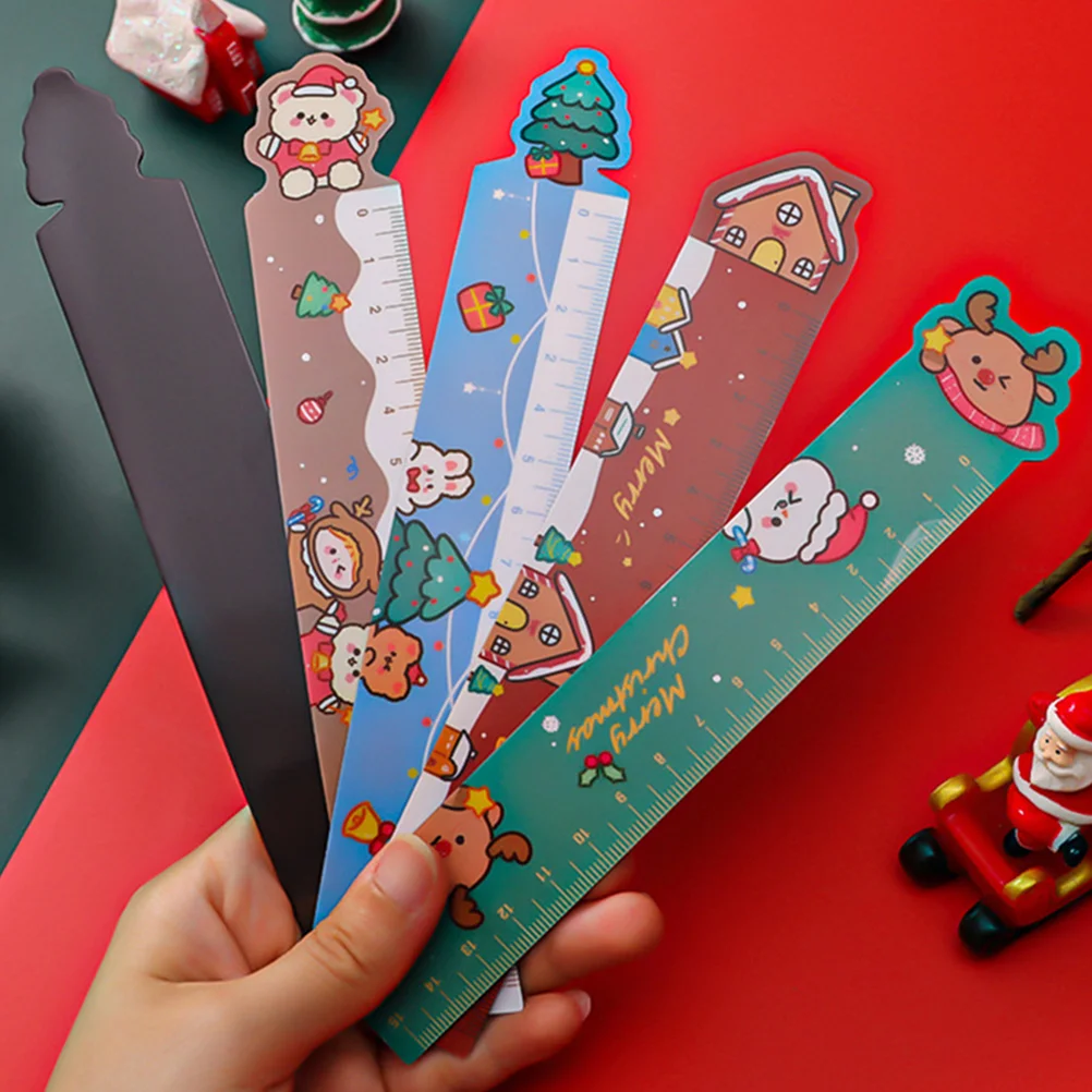 3 PCS Drawing Straight Ruler Wood for Christmas Tricolor Bookmark Cartoon Bamboo Child