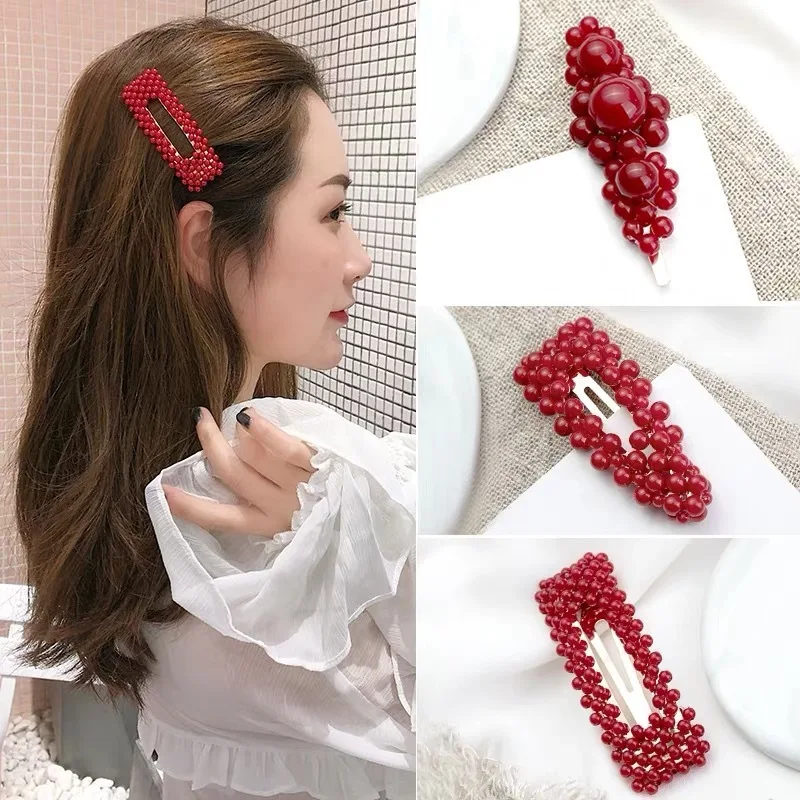 

1Pc Christmas Red Pearl Hair Clip for Women Girls Elegant Korean Design Snap Barrette Stick Hairpin Hair Styling Accessories