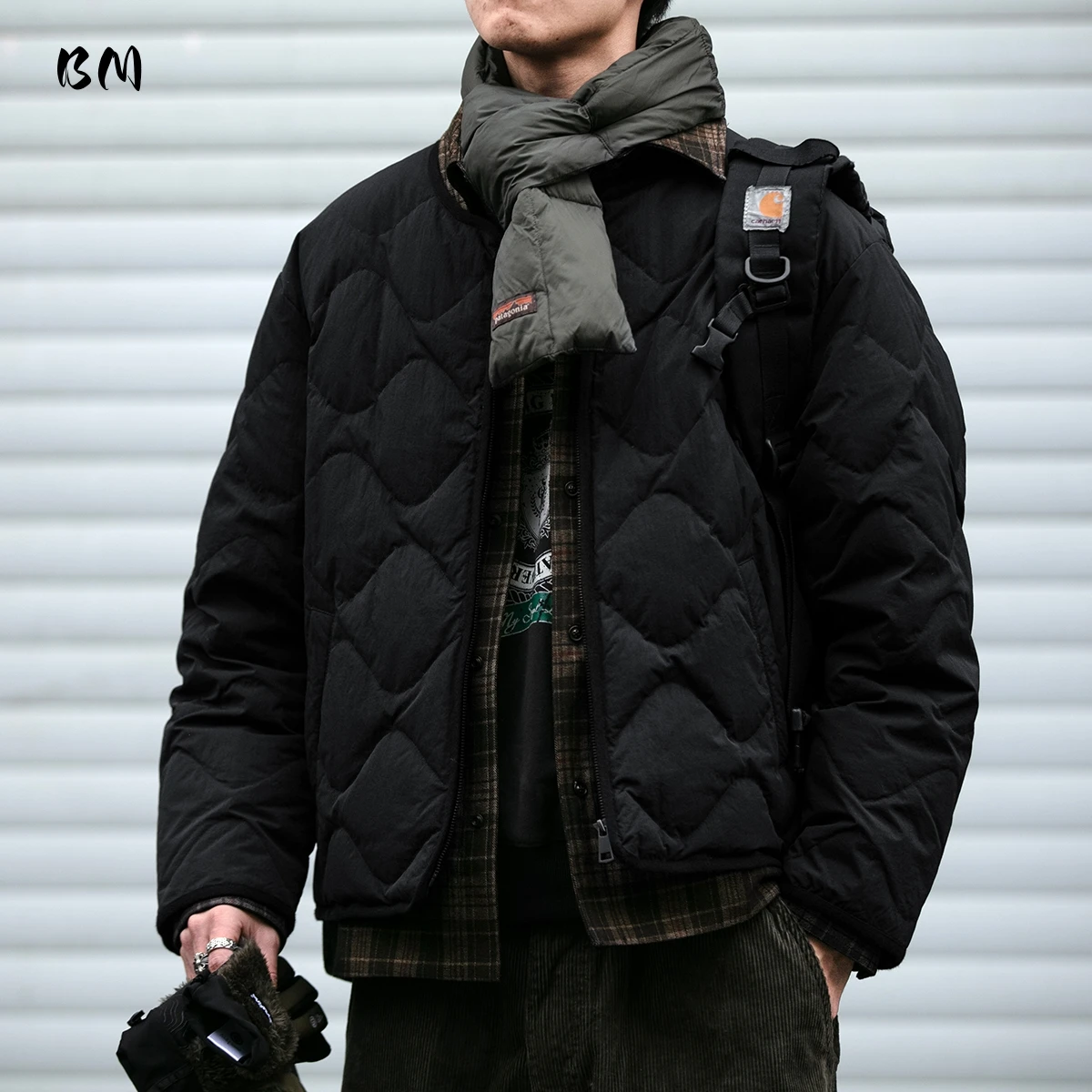 

Men's Lightweight 90 White Duck Down Jacket Diamond Quilted Fake Two Piece Lapel Collar Plaid Patchwork Autumn Winter Streetwear