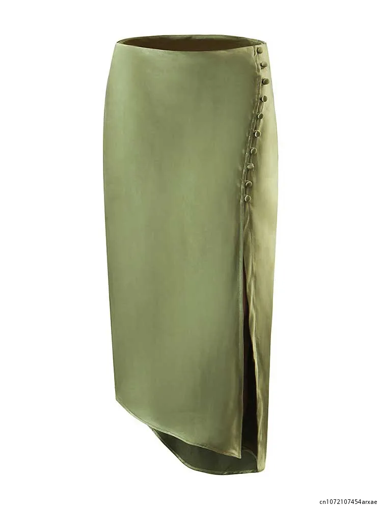 2023 Women New Design Summer Skirt Solid Yellow Green High Waist Female Side Split Sexy Ladies Silk Skirts