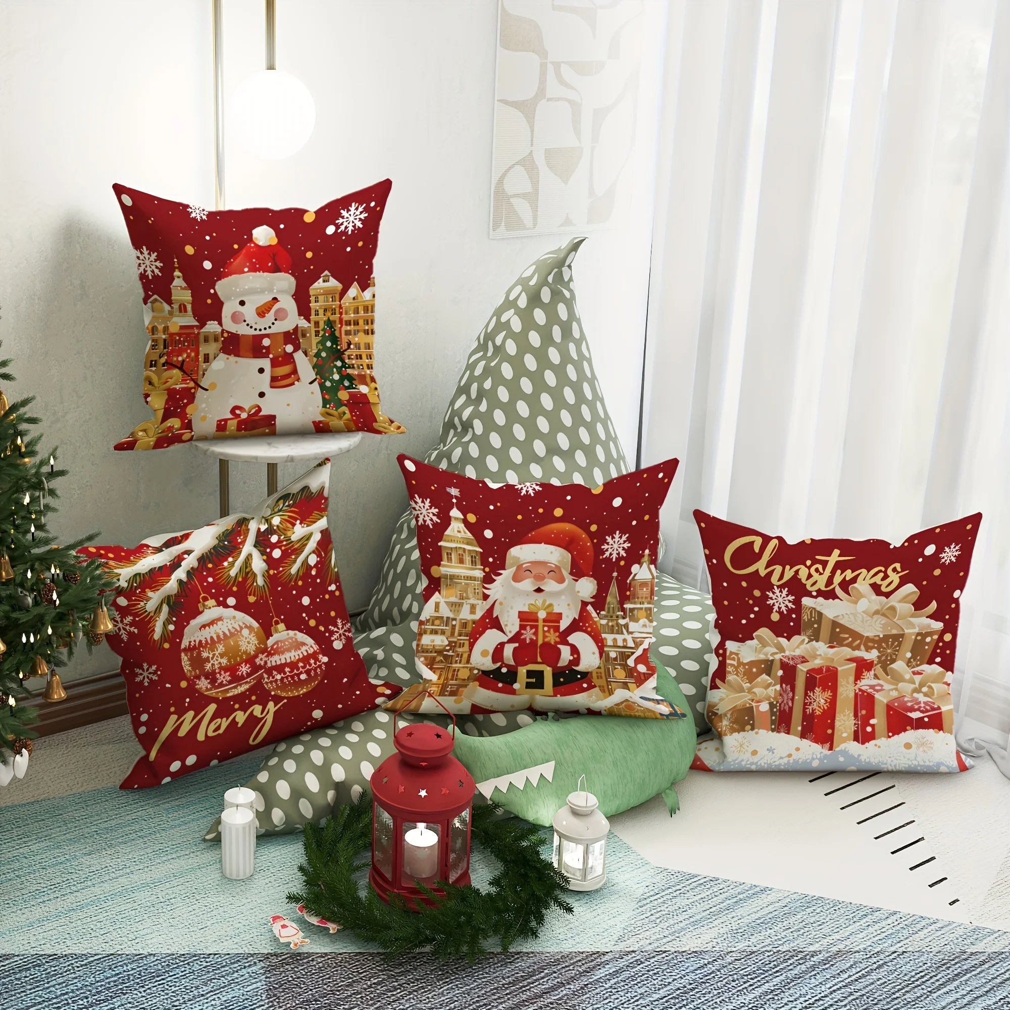 4 Pieces Modern Christmas Throw Pillow Covers - 18x18 Inches, Christmas Decorative Polyester Pillow Covers with Zipper