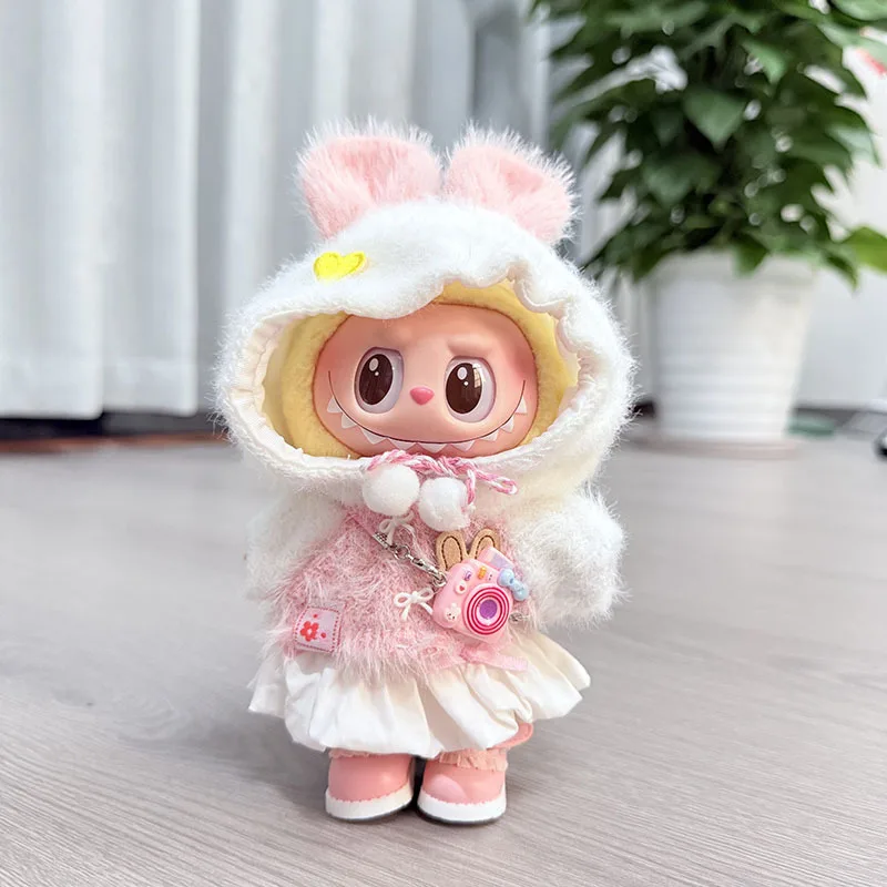 

Adorable Bunny Style Sets For 15/17cm Labubu Dolls Fluffy Hoodies With Heart And Rabbit Shaped Decor Paired With Half Flow