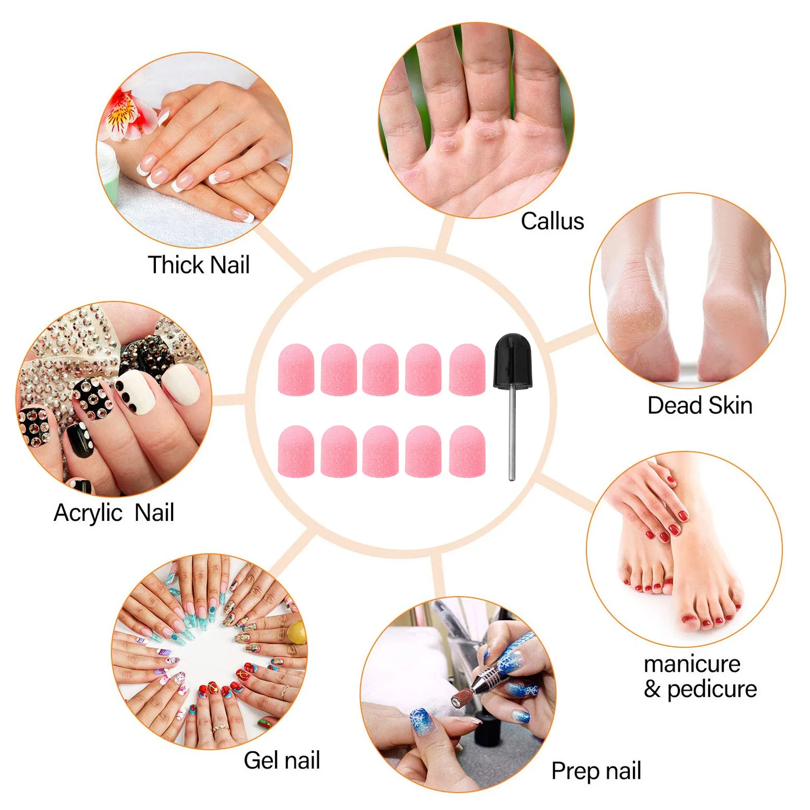 

10pcs Nail Sanding Caps Manicure Grinding Head Portable Durable Rust-Proof Heat Resistant For Cuticle Care Nail Art Kit Tool