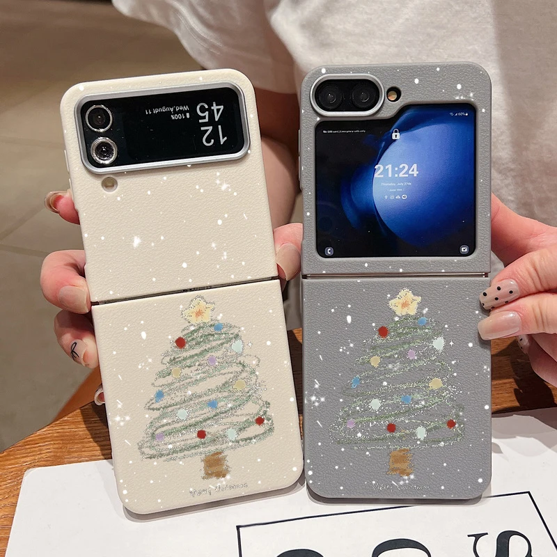 For Samsung Galaxy Z Flip6 Flip5 Flip4 Case Leather Texture Silicone Folding Christmas Tree Cover For Samsung Z Flip 6 5 4 3