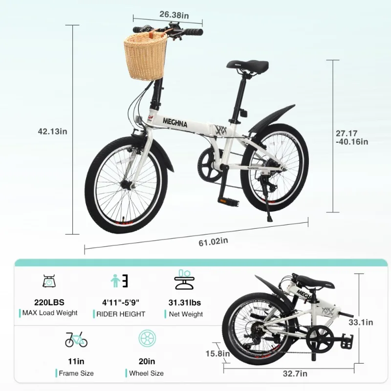 Folding Bicycle 16 Inch Portable Foldable Bike with Basket Lightweight City Commuter Bicycle for Adult Student Outdoor Cycling