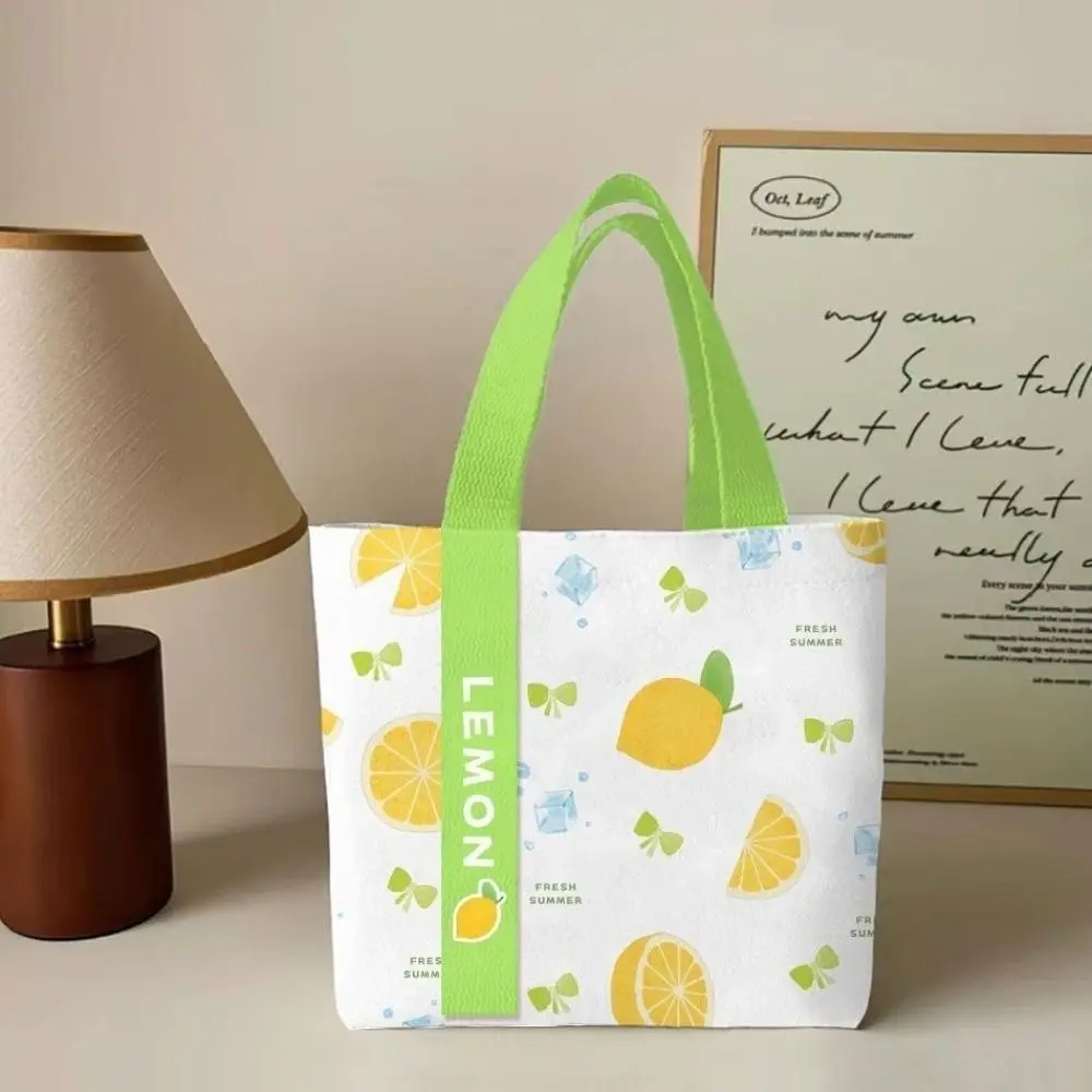 Fashion Canvas Tote Bag Floral & Lemon Print Large Capacity Single Shoulder Bag Open Top Handbag Women Girls