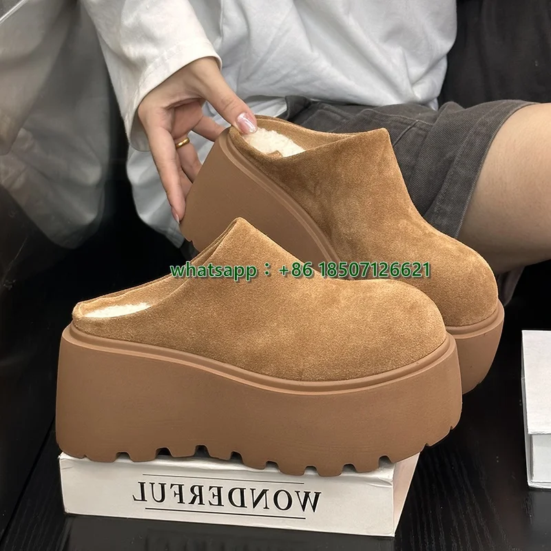 Suede Platform Thick-Soled Round-Toed Half Slippers For Women Leather All-Match Height-Enhancing Wool Slippers Outdoor Shoes