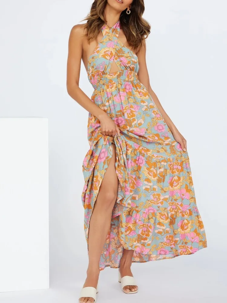

Summer Sexy Printed Long Dress 2025 Fashion Elegant Casual Vacation Loose V Neck Wrap Hollow Out Halter Neck Beach Maxi Dresses