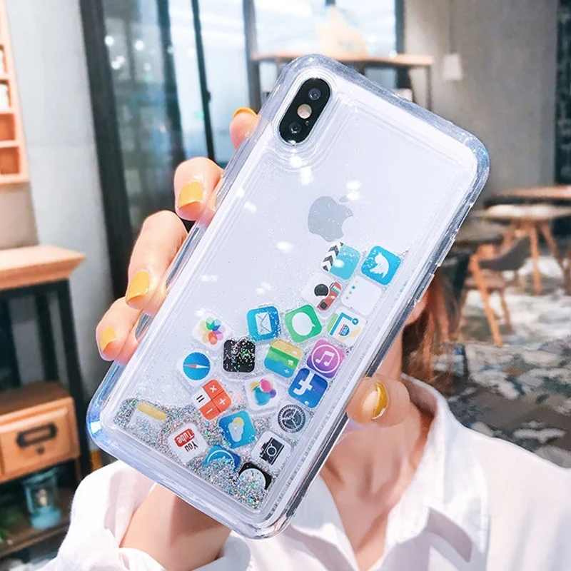 Phone Case For iphone 16 15 14 13 12 Mini 11 Pro XSMax XR X SE 6S 6 7 8 Plus Transparent Liquid Quicksand Glitter Cover APP Icon