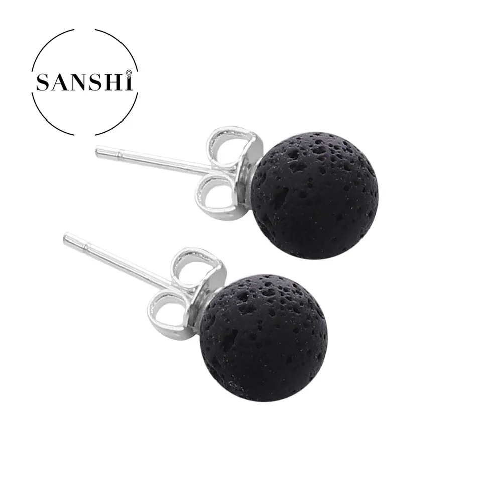 Earring Plated Solitaire Round Volcanic stone CZ Stud Earring, 925 Sterling Silver Hypoallergenic Earrings for Women