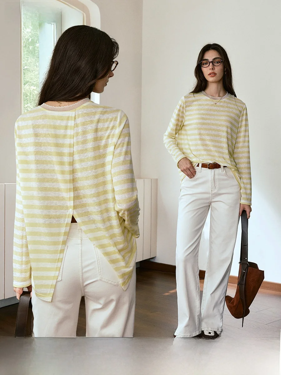 

Женская футболка OLrain с круглым вырезом и длинным рукавом, желтая в полоску, оверсайз, повседневная, осенняя новинка, модный женский топ