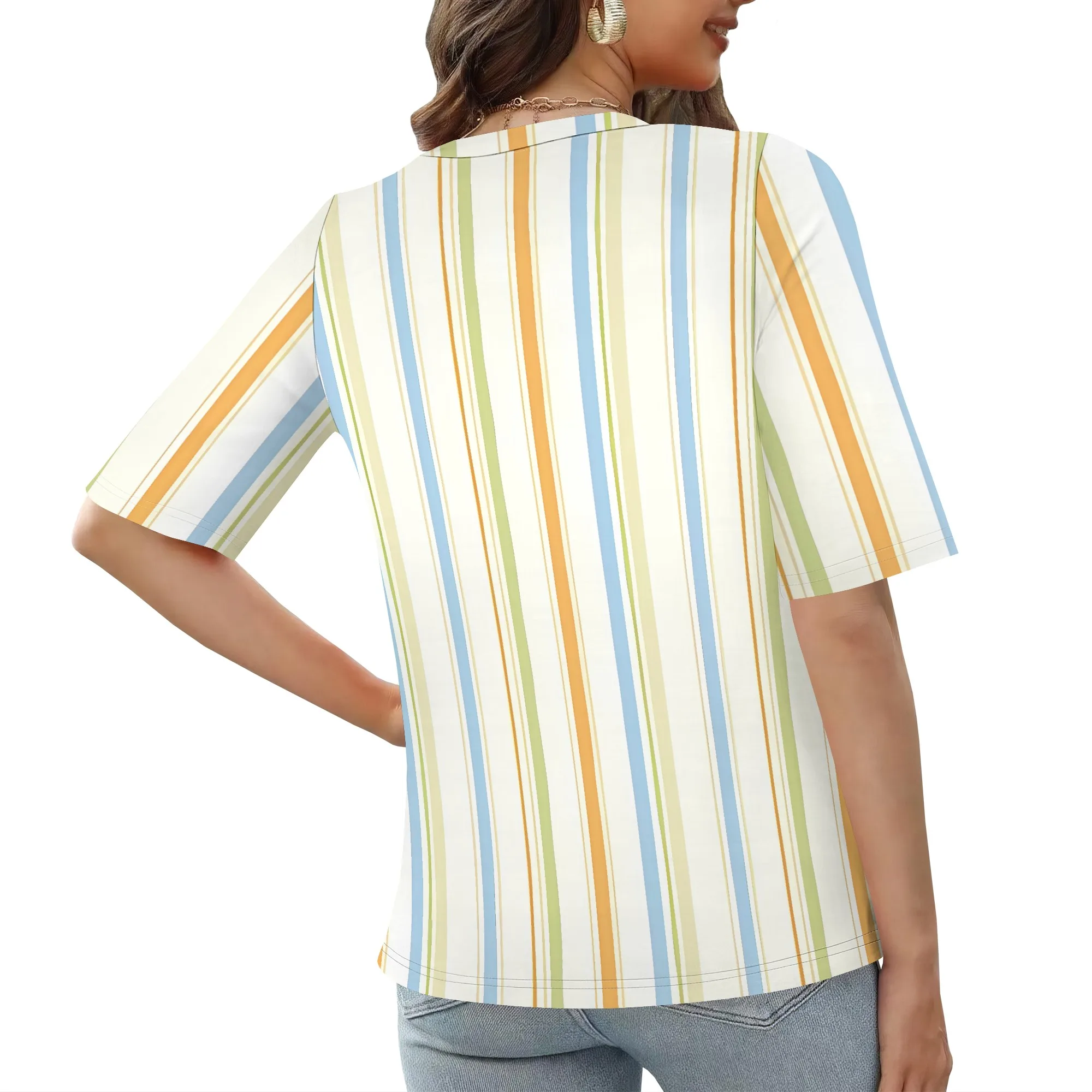 EQQZD Traditional Short Sleeve V-Neck T-Shirt Top, Stylish Simple Stripe Print T-Shirt, Casual Loose Tops for Women