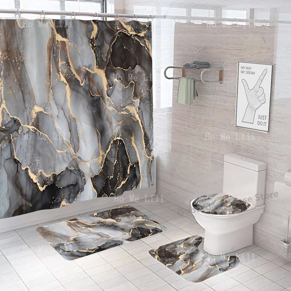 Shower Curtain Set Luxury Black And Gold Polyester Fabric Washable Shower Curtain 3d Marble Toilet Cover Bathroom Accessories Se