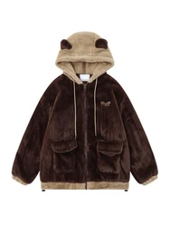 American Vintage Coats Plus Size Lazy Style Cute Bear Ear Pockets Contrast Color Warm Thicken Jackets Winter Women's Clothing