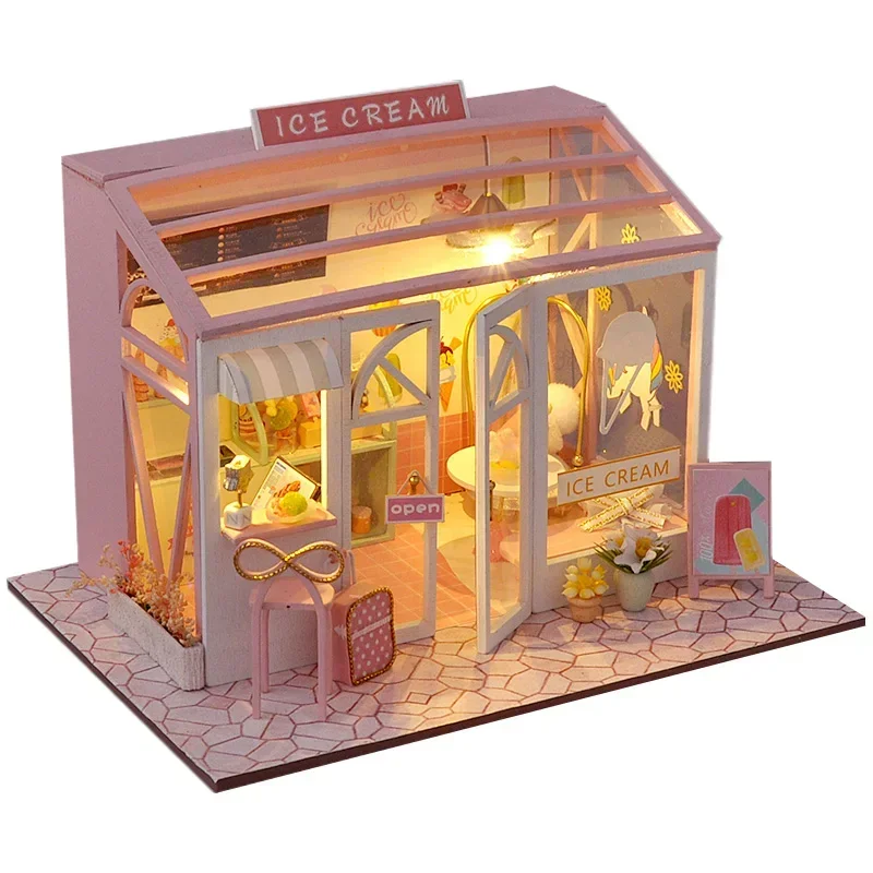 

DIY Wooden Dollhouse Assembled Sushi Dessert Shop Miniature with Furniture Doll House Casa Toys for Children Adult Gifts