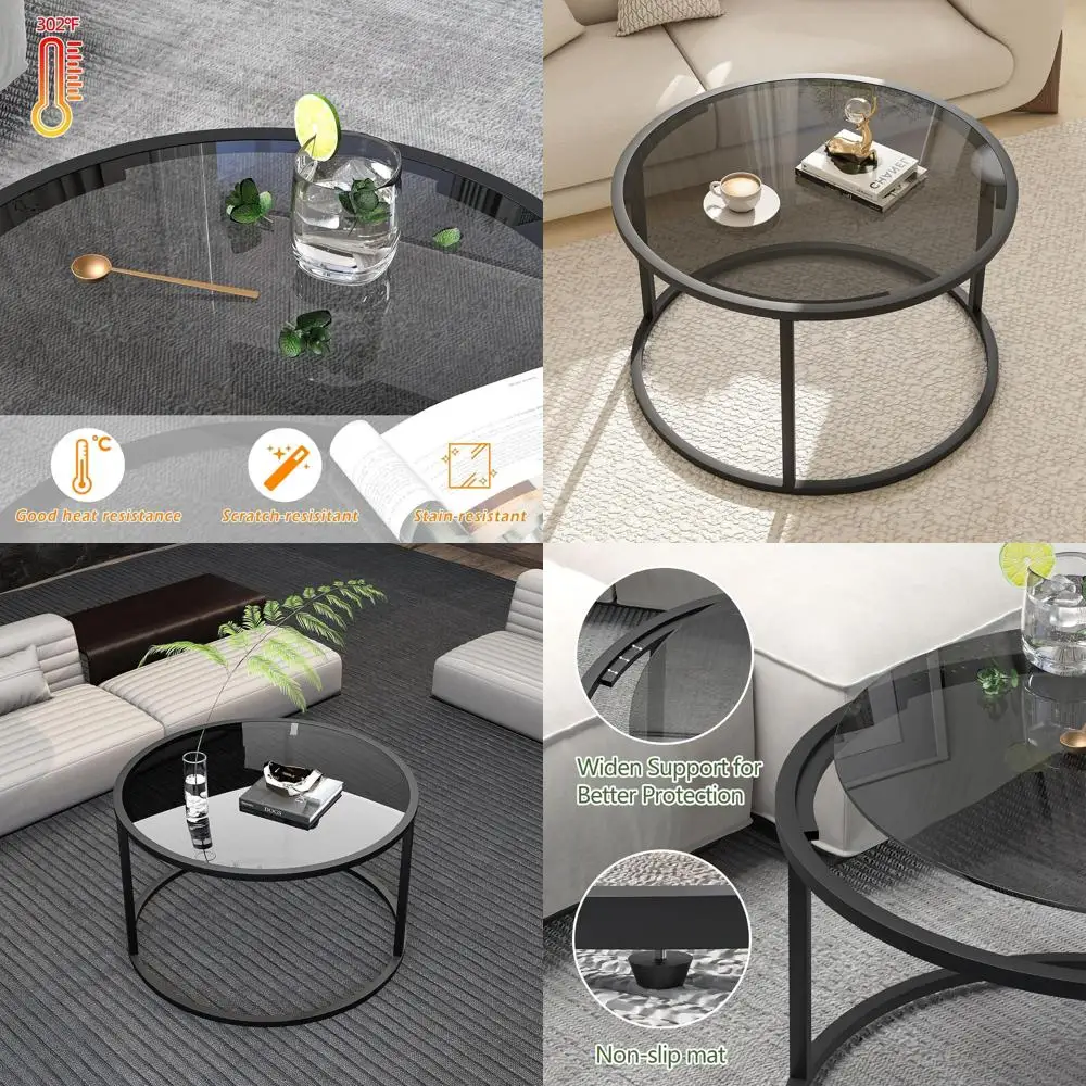 

Modern Round Glass Coffee Table, Minimalist Design for Living Room, Bedroom, or Office, Tempered Glass Top with Metal Base, 27x2