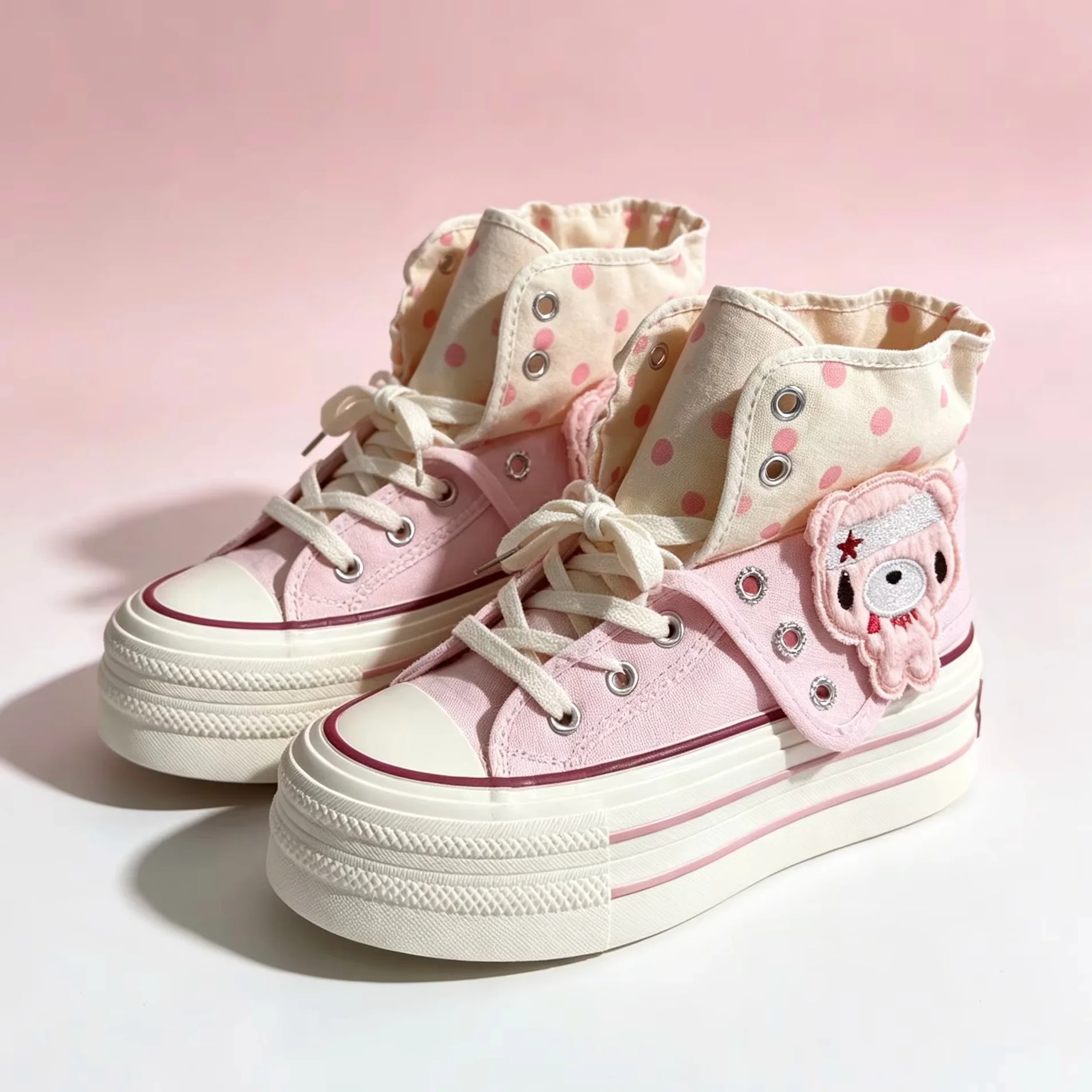 Women Kawaii Pink High Top Canvas Shoes Platform Sneakers Cute Bear Embroidery Flats Y2K Casual Shoes for Girls