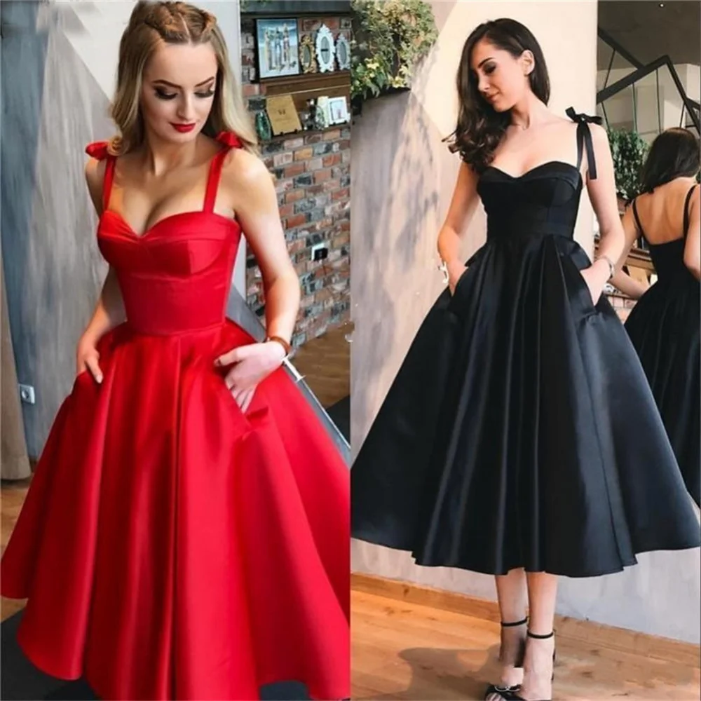 Sexy Lady Length Prom Dresses Short With Pockets Sweetheart Straps Zipper Satin Elegant A-Line Simple Evening Party Gowns