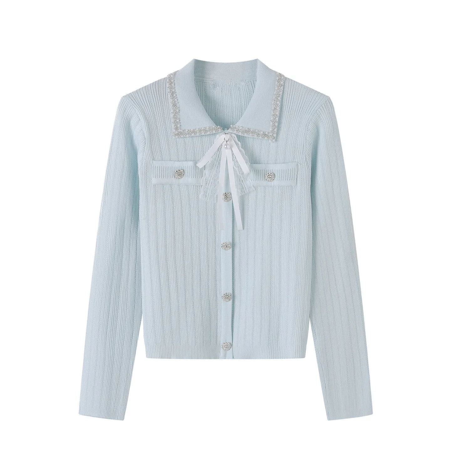

New Arrival Elegant Lapel Long Sleeve Knit Pullover Sweater Tshirt For Women Sweet Bowknot Beaded Slim-Fit Knit Pullover Tops