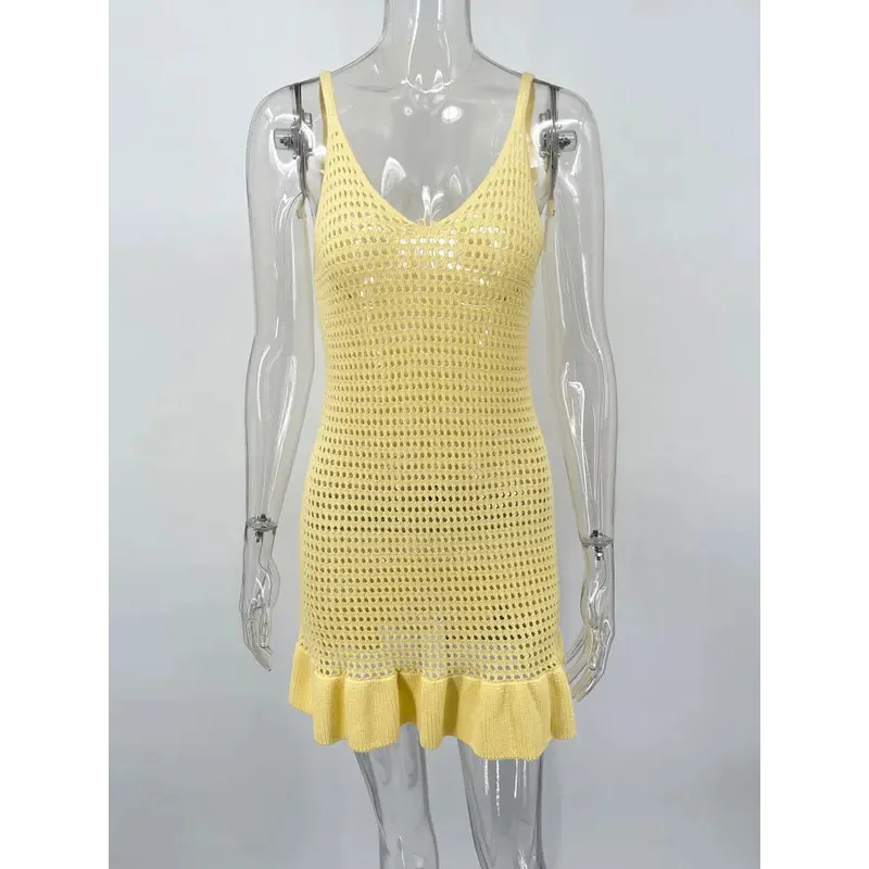 JINIA Maglia increspato scava fuori mini abito femminile con scollo a V trasparente vacanza spiaggia abbigliamento casual abito estivo in maglia da donna