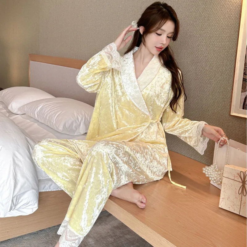 2024 New Charming Elegant Gold Pink Velvet Sleepwear Women Winter Solid Color Long Sleeve Warm Pajamas Nightgown Nightwear Gift