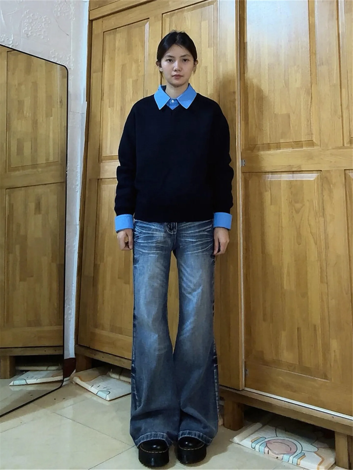 

Ретро-джинсы-клеш синего цвета с эффектом потертости, женские свободные брюки с широкими штанинами, весенние, удобные, хлопковые, с низкой талией, на молнии, в повседневном стиле