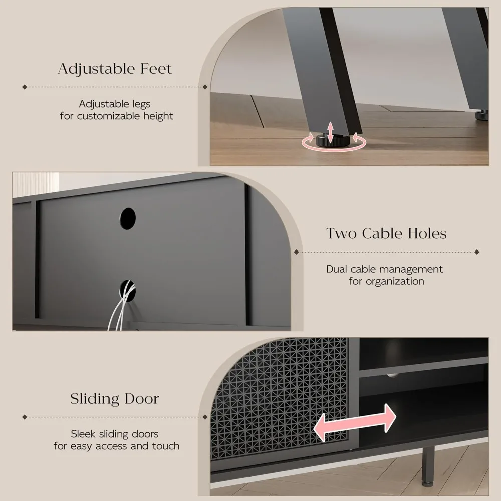 Modern Rattan TV Stand for 65-70 Inch TVs: Sliding Door Entertainment Center with Storage and Adjustable Features
